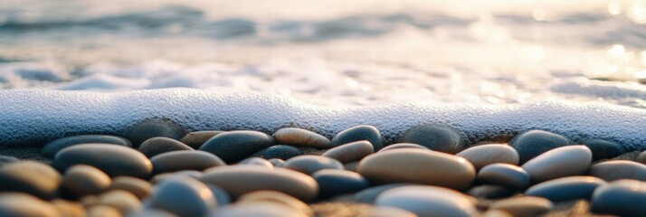 Fototapete - Close up view of smooth beach pebbles as gentle waves wash ashore during golden hour. Generative AI