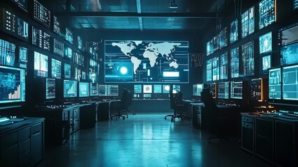 Poster - a shot of an industrial control room showcasing multiple screens filled with realtime analytics and 