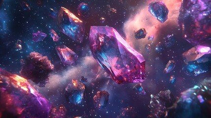 Wall Mural - Bright digital gemstones and glowing crystals floating in space with a vibrant abstract background, creating a stunning visual effect