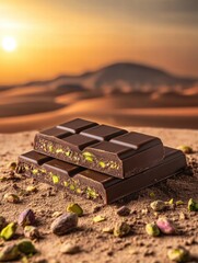 Aufkleber - Indulgent chocolate bar with creamy pistachio filling resting on sandy terrain at sunset. Generative AI