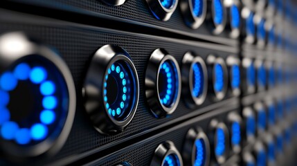 Poster - Cinematic Shot of Large Server Cabinets with Blue LED Lights in a Modern Data Center Environment