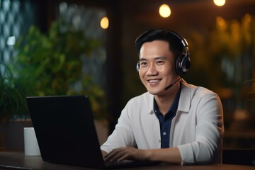 Poster - Young entrepreneur using laptop and headset, working remotely from a coworking space at night