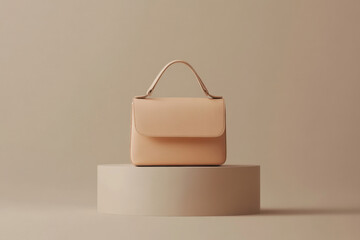 Poster - Simple Beige Handbag on a Neutral Pedestal Against a Soft Background