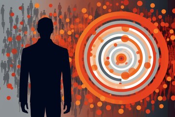 Poster - Businessman evaluating data visualization with concentric circles representing market analysis, target audience, and consumer behavior