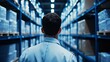 © Jirakit - A person stands in a warehouse aisle, surrounded by shelves filled with boxes, suggesting a focus on inventory management or logistics.