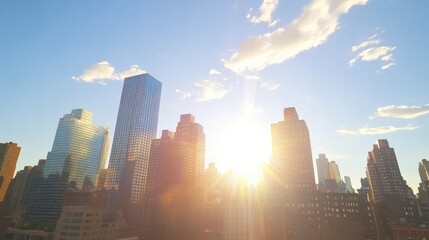 Poster - A cityscape with sunlight gleaming off the rooftops and windows of tall buildings.