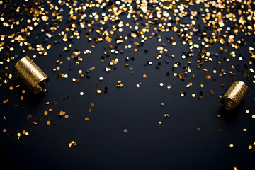 Wall Mural - A luxurious black background adorned with scattered gold confetti, ideal for glamorous celebrations or festive events like New Year's, weddings, and anniversaries