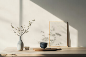 Poster - Contemporary Swedish Design Elements Showcased on a Serene Wooden Tabletop