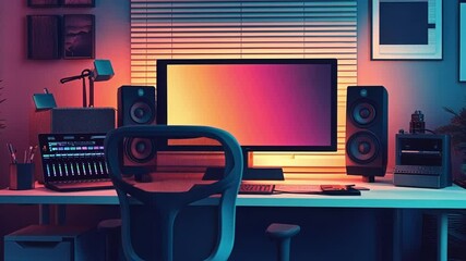 Aufkleber - an ambient scene featuring a cozy workspace where a creator develops audio content for podcasts show