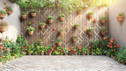 Poster - A modern garden setup with hanging flower pots in geometric patterns on the fence.