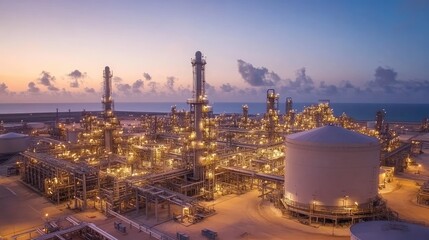 Poster - A refinery with chimneys silhouetted against the first light of dawn.