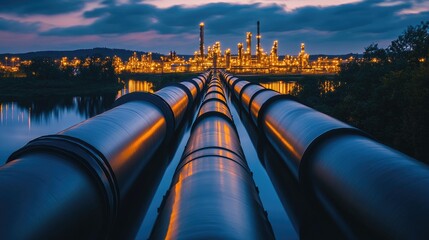 Poster - A refinery complex with pipes, tanks, and chimneys stretching into the distance.