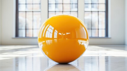 Poster - A bright orange sphere stands in a room, capturing and reflecting the window's structural design across its glossy surface, creating a contemporary art feel.