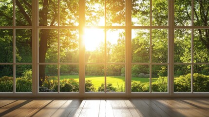 large window with a view of a forest in a sunrise