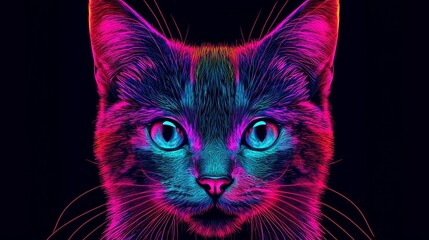 Poster - Cat Animal Plexus Neon Black Background Digital Desktop Wallpaper HD 4k Network Light Glowing Laser Motion Bright Abstract