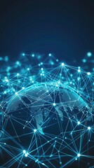 Poster - A global vertical network technology and the digital realm encircling planet earth, with empty space for text on a dark blue background. Concept: technology, future, network, stock, blue.