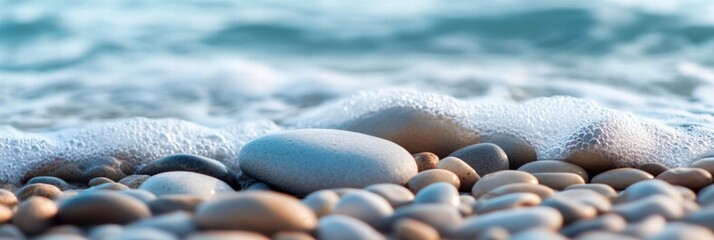 Poster - close up of smooth beach pebbles as gentle waves wash over them at a peaceful coastline. generative 