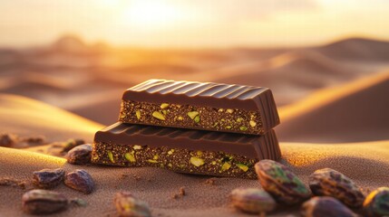 Aufkleber - Chocolate bar with pistachio paste filling resting on sandy terrain during sunset with warm colors and soft lighting. Generative AI