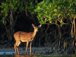 Wall Mural - spotted deer standing by the water under the trees in a forest wildlife photography