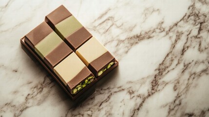 Aufkleber - Delicious chocolate bar featuring smooth pistachio paste filling on a marble surface. Generative AI