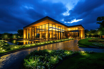 A striking modern building illuminated at dusk, surrounded by lush greenery and tranquil reflections in the water, creating a serene atmosphere for relaxation and contemplation.