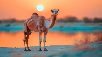 Poster - Dromedary camel at sunset by a desert lake.