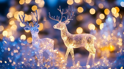 Wall Mural - Dynamic light glitter and sleek lighting for reindeer figures set against a vibrant backdrop
