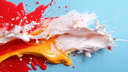 Poster - An energetic explosion of red, yellow, and white paint splattering dynamically across a light blue background, capturing movement and vibrant creativity.