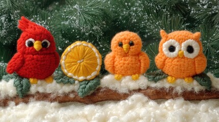 Poster - Crochet birds and orange on snowy branch.