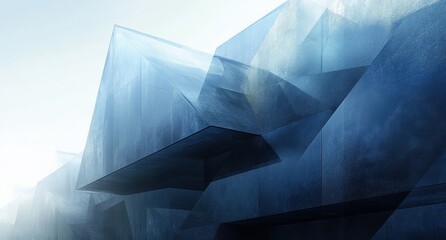 Poster - Abstract Architectural Design Featuring Geometric Shapes and Glass-Like Surfaces in Ethereal Blue Tones Reflecting Light and Shadow Effects