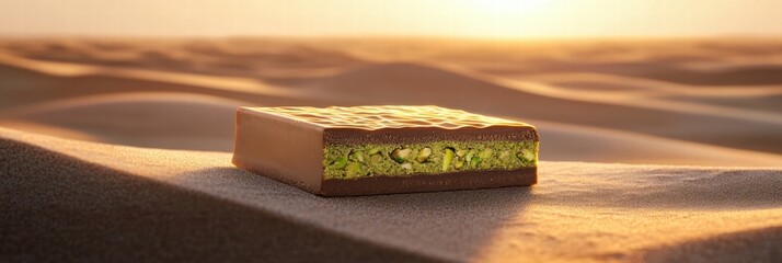 Aufkleber - Chocolate bar with creamy pistachio paste filling on soft sand at sunset. Generative AI