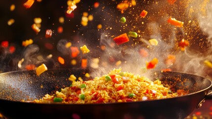 Poster - A chef skillfully tossing curried fried rice in a hot wok, with colorful ingredients flying and aromatic spices filling the air, showcasing the cooking process.