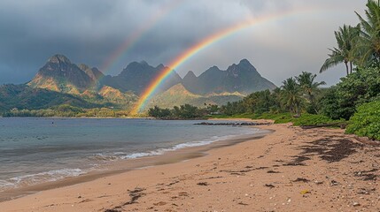 Poster - Double Rainbow over Tropical Beach and Majestic Mountains