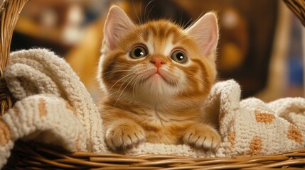 Aufkleber - A chubby kitten sitting in a basket filled with soft blankets, looking up with big, curious eyes and a playful expression.