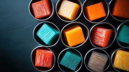 Aufkleber - An array of bright, multicolored block cubes neatly organized in individual metal containers, presenting an appealing symmetry and modern artistic style setting.