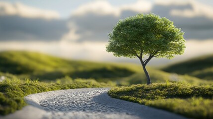 Wall Mural - Calm pathway of stones leads through lush hills to a solitary tree under a softly lit sky. Generative AI