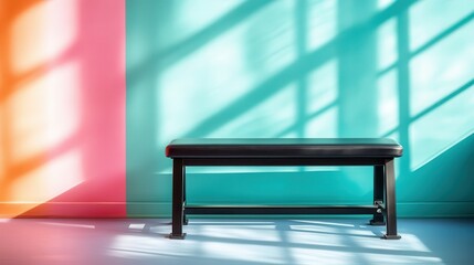 Poster - A minimalist black bench stands against a brightly colored wall with dynamic shadows, evoking an ambiance of tranquility and modern artistic style in interior decor.