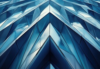 Poster - Abstract architectural design showcasing sharp angles and reflective surfaces in shades of blue, creating a modern and dynamic visual experience for contemporary themes.