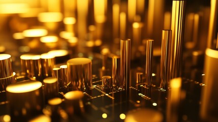 Poster - A close-up of a D gold stacked column graph with golden layers and segments, illustrating a breakdown of financial data with a luxurious and detailed presentation.