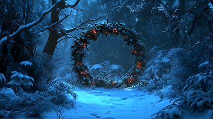 Wall Mural - In a snowy grove a wreath composed of icicles and holly glows softly
