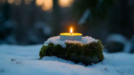 Wall Mural - In the snow a mossy stone holds a flickering christmas candle