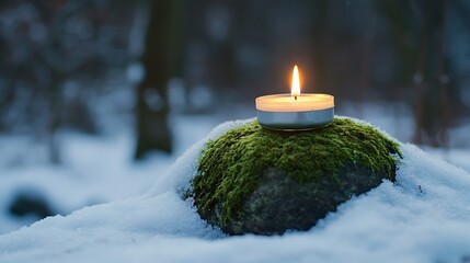 Wall Mural - In the snow a mossy stone holds a flickering christmas candle