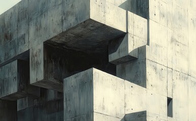 Poster - Abstract architectural structure featuring geometric shapes and textures in a contemporary style, showcasing sunlight casting shadows on a minimalist concrete facade