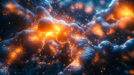 Poster - A hyper-realistic view of fiery neuron-like patterns radiating vibrant orange and red light, emphasizing motion and bioelectric dynamics in a dark space