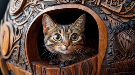 Poster - A close-up of a handcrafted wooden cat house, featuring intricate designs and a welcoming entrance, highlighting the craftsmanship and care put into creating a safe space for cats.