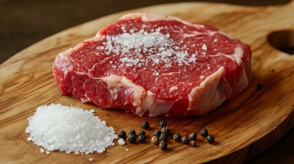 Poster - A close-up of a seasoned bistecca on a wooden platter, garnished with sea salt and black pepper, emphasizing the simplicity and quality of the ingredients.
