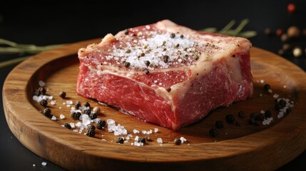 Poster - A close-up of a seasoned bistecca on a wooden platter, garnished with sea salt and black pepper, emphasizing the simplicity and quality of the ingredients.
