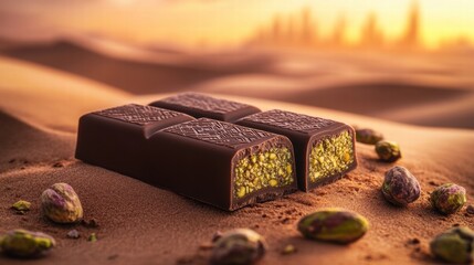 Aufkleber - Chocolate bar filled with rich pistachio paste against a sandy dessert landscape during sunset. Generative AI
