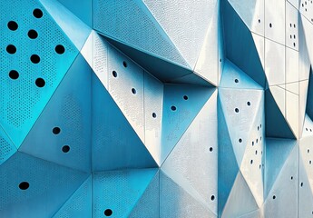 Poster - Abstract Blue Geometric Wall Featuring Textured Panels with Circular Perforations and Modern Design Elements Capturing Contemporary Architecture Aesthetics and Urban Style