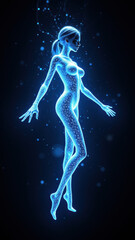 Wall Mural - Ethereal AI female figure with holographic body against gray background.